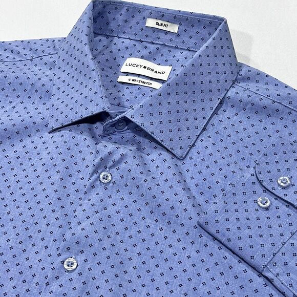 Lucky Brand 4 Way Stretch Men Blue Geometric Slim Fit Long Sleeve Shirt Size XL‎ - Picture 1 of 9